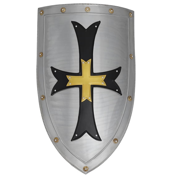 Armory Replicas Medieval Design Shield - 28" x 20" Authentic 20 Gauge Mild Steel with Leather Belt, Polished Finish, Perfect for Reenactments & Cosplay
