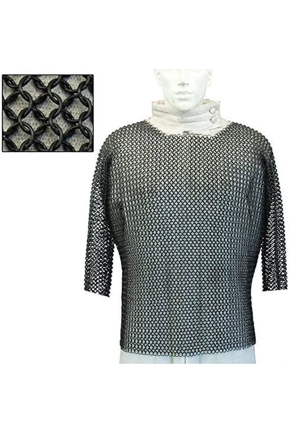 Medieval Blackened Chainmail Haubergeon, 16 Gauge Mild Steel Half Sleeve Armor Shirt, Medium, Reenactment, LARP, Cosplay & Display