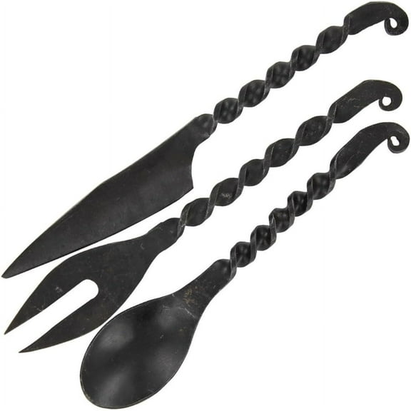 Armory Replicas Medieval- Inspired Iron Cutlery Set with Blackened Antique Finish - Knife, Fork, and Spoon for Authentic Camp Dining Experience