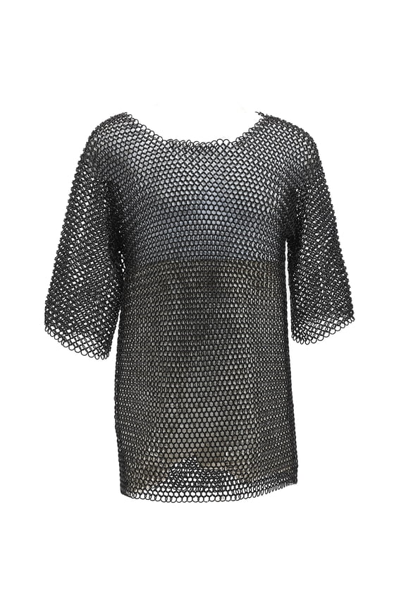 Medium Black Chainmail Shirt | Half Sleeve Haubergeon | Chest, Back & Shoulder Protection