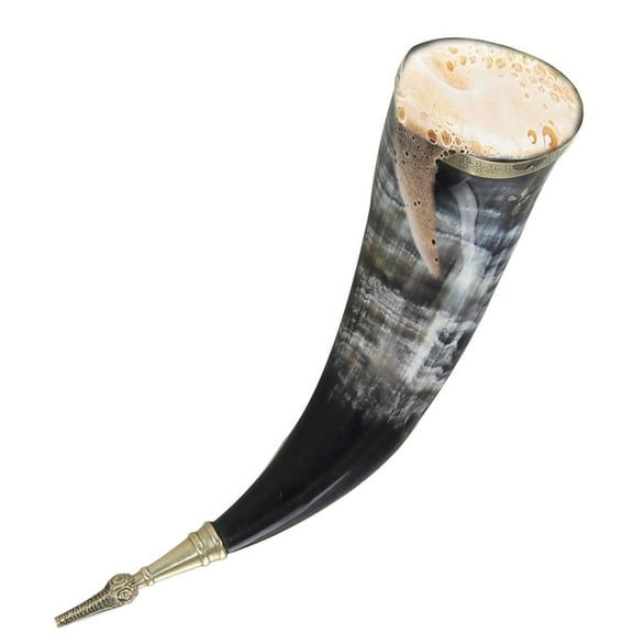 Armory Replicas Norse Viking Drinking Horn – Engraved Ox Horn with Brass Rim & Crocodile Stopper