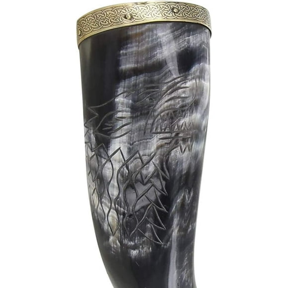 Armory Replicas Norse Viking Drinking Horn – Engraved Ox Horn with Brass Rim & Crocodile Stopper