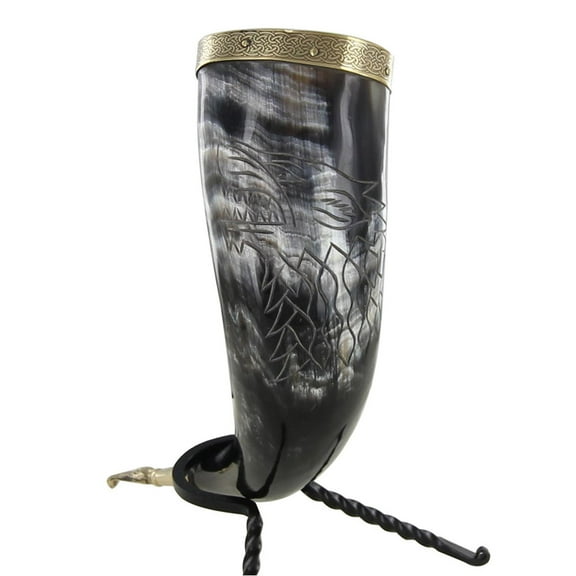 Armory Replicas Norse Drinking Horn with Fenrir Engraving and Iron Stand - Authentic Viking Horn Prop with Hand Carved Brass Accents, Ideal for Renaissance Faires and Medieval Decor