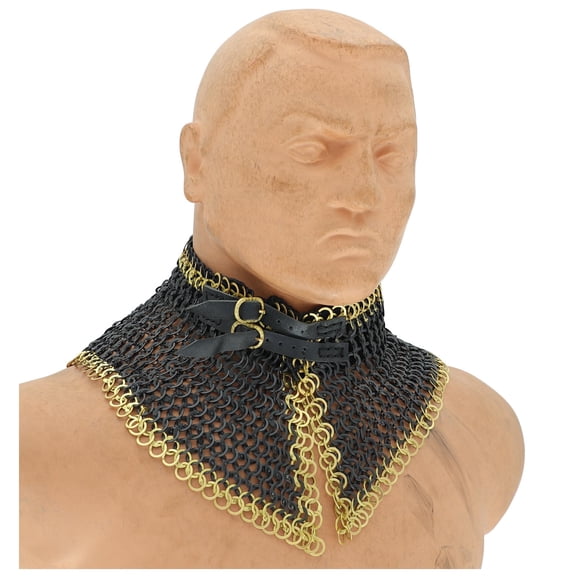 Armory Replicas Riveted Collar Black/Gold with Leather Liner - Mild Steel Chainmail Double - Gold Line Design, Brass Adjustable Buckle & Belt, 9/18 Ring Size, 800g Neck Armor