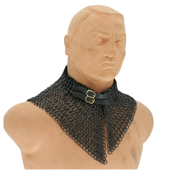 Armory Replicas Riveted Collar Black - Mild Steel Chainmail with Suede Leather Liner, Brass Buckle & Belt - Medieval Neck Protection Armor - 9/18 Ring Size, 800 Grams