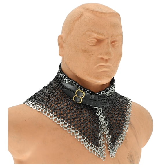 Armory Replicas Riveted Collar Black/Silver with Leather Liner - Mild Steel Chainmail Double - Silver Line Design, Brass Adjustable Buckle & Belt, 9/18 Ring Size, 800g Neck Armor