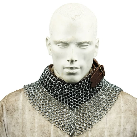 Armory Replicas Silver/Black Chainmail Collar – Leather Liner, Adjustable Brass Buckle, Medieval & LARP Neck Armor
