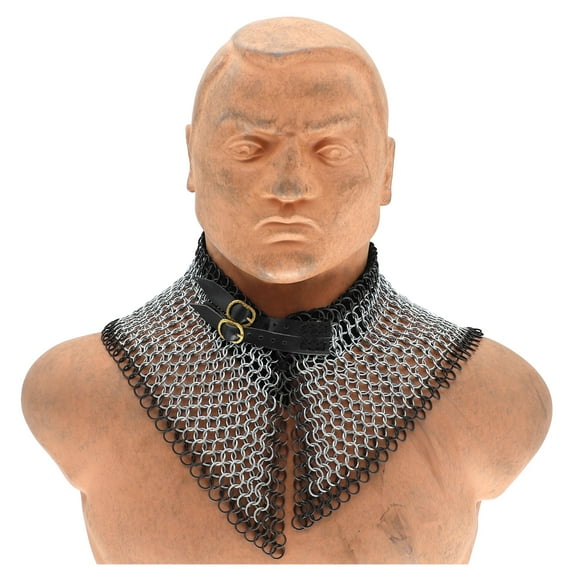 Armory Replicas Silver/Black Collar with Leather Liner - Mild Steel Butted Chainmail Double - Black Double Line Design, Brass Adjustable Buckle & Belt, 10/16 Ring Size, 800g Neck Armor