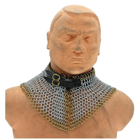 Armory Replicas Silver and Gold Chainmail Collar with Leather Inliner – Adjustable Suede Lined Neck Armor with Brass Buckle