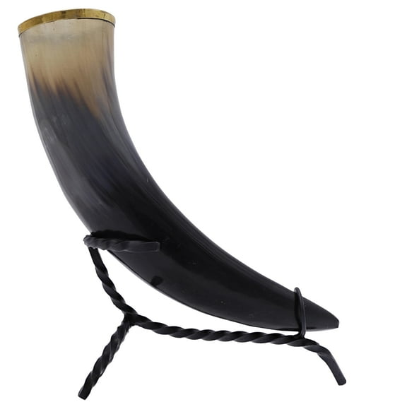 Armory Replicas The Hooded Raven Brass Rim Drinking Horn with Hand-Forged Twisted Iron Stand & Canvas Bag, Viking Set