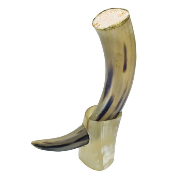 Armory Replicas The Hooded Raven Valhalla Awaits Me Drinking Horn – Handmade Brass Rim Horn with Stand & Canvas Bag