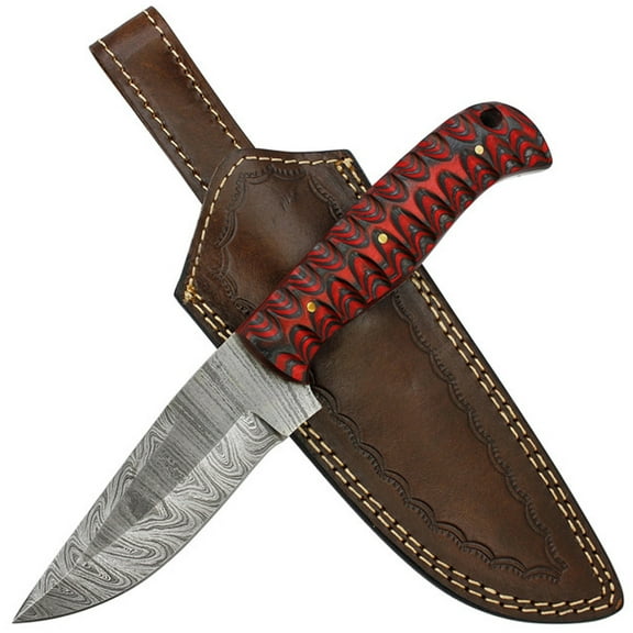 Armory Replicas Twirling Crimson Full Tang Damascus Steel Hunting Knife w/ Leather Sheath & Dyed Wood Handle