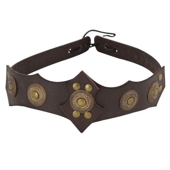 Armory Replicas Warrior Queen Leather Headband with Brass Accents, Adjustable Medieval Costume Headpiece, Hand Tooled Brown & Black Renaissance Cosplay Accessory
