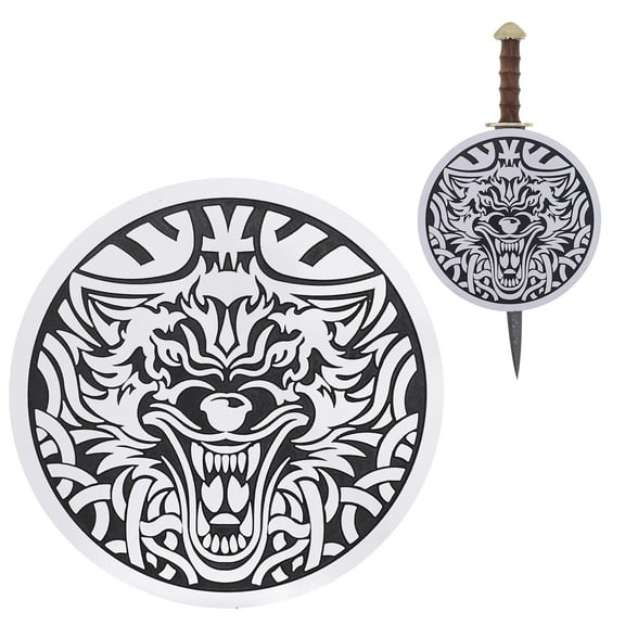 Armory Replicas Wooden Wolf Head Sword Wall Display Plaque – 12-Inch Round Celtic Wall Mount for Fantasy or Medieval Decor