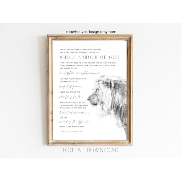 Armour Of God Wall Art Ephesians 6 Kjv Modern Christian Scripture Chi Room Bible Verse Decor Minimalist Faith Lion Sword Truth, Unframed Paper Poster 8x10in