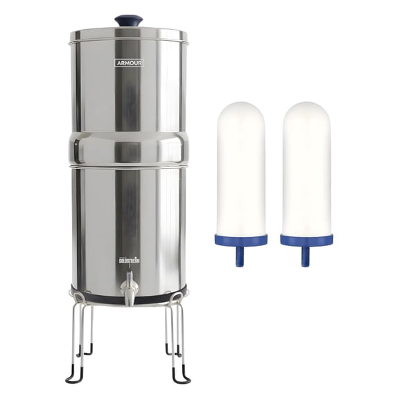 Armour Stainless Steel Gravity Water Filter System  Countertop Water Filter with 2 FTO Plus Ceramic Filters for Lead, Fluoride & Virus Removal - NSF Certified Water Filtration - Filter with Stand