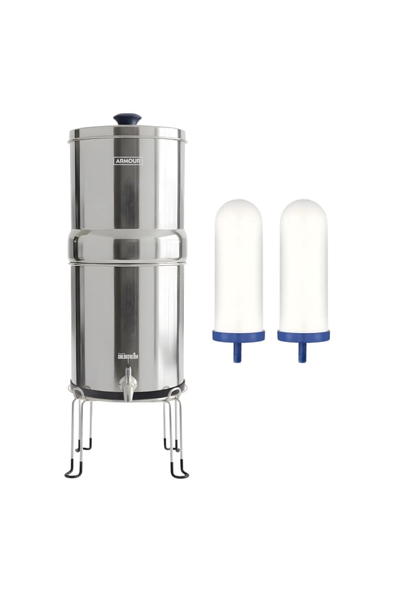 Armour Stainless Steel Gravity Water Filter System Countertop Water Filter with 2 FTO Plus Ceramic Filters for Lead, Fluoride & Virus Removal - NSF Certified Water Filtration - Filter with Stand
