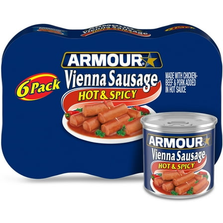 Armour Star Vienna Sausage, Hot & Spicy Flavored, 12g Protein Per Serving, Canned Sausage, 4.6 oz Can (Pack of 6)