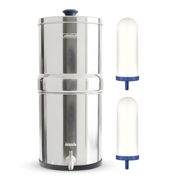 Armour Water Filter System - Stainless Steel Countertop Gravity Water Filter Dispenser with 2 Coldstream FTO Filters for PFAS, Fluoride, Lead, Bacteria - NSF Certified Water Dispenser