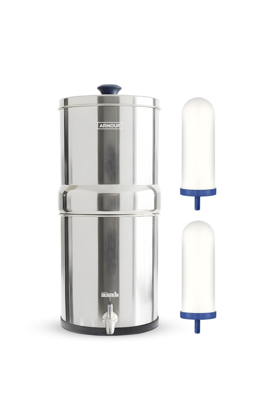 Armour Water Filter System - Stainless Steel Countertop Gravity Water Filter Dispenser with 2 Coldstream FTO Filters for PFAS, Fluoride, Lead, Bacteria - NSF Certified Water Dispenser