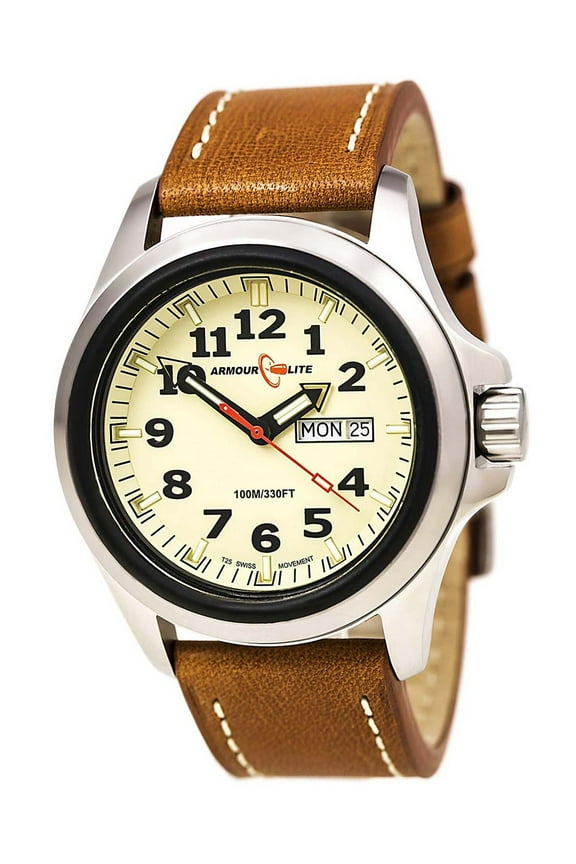 Officer Series Tan Dial Watch with Brown Leather Strap, Tan/Brown/Sil