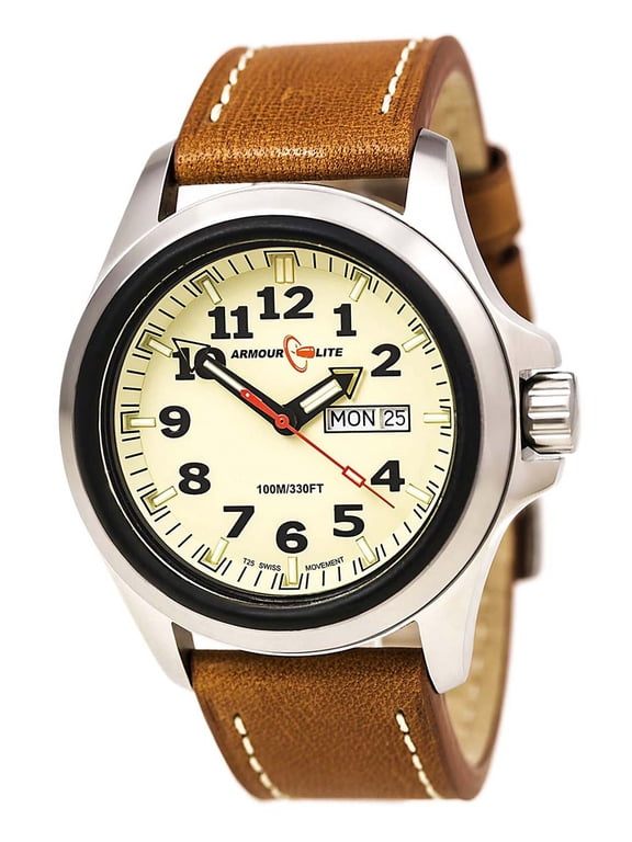 Officer Series Tan Dial Watch with Brown Leather Strap, Tan/Brown/Sil