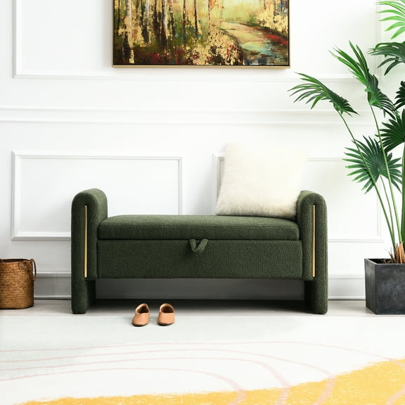 Armrest Coffee Table With Storage Compartment - Modern Olive Stool For Living Room. Store Magazines, Snacks. Foam Seat. Exquisite Design. Neat Appearance Window Bench Bedroom, Books, Decorations.