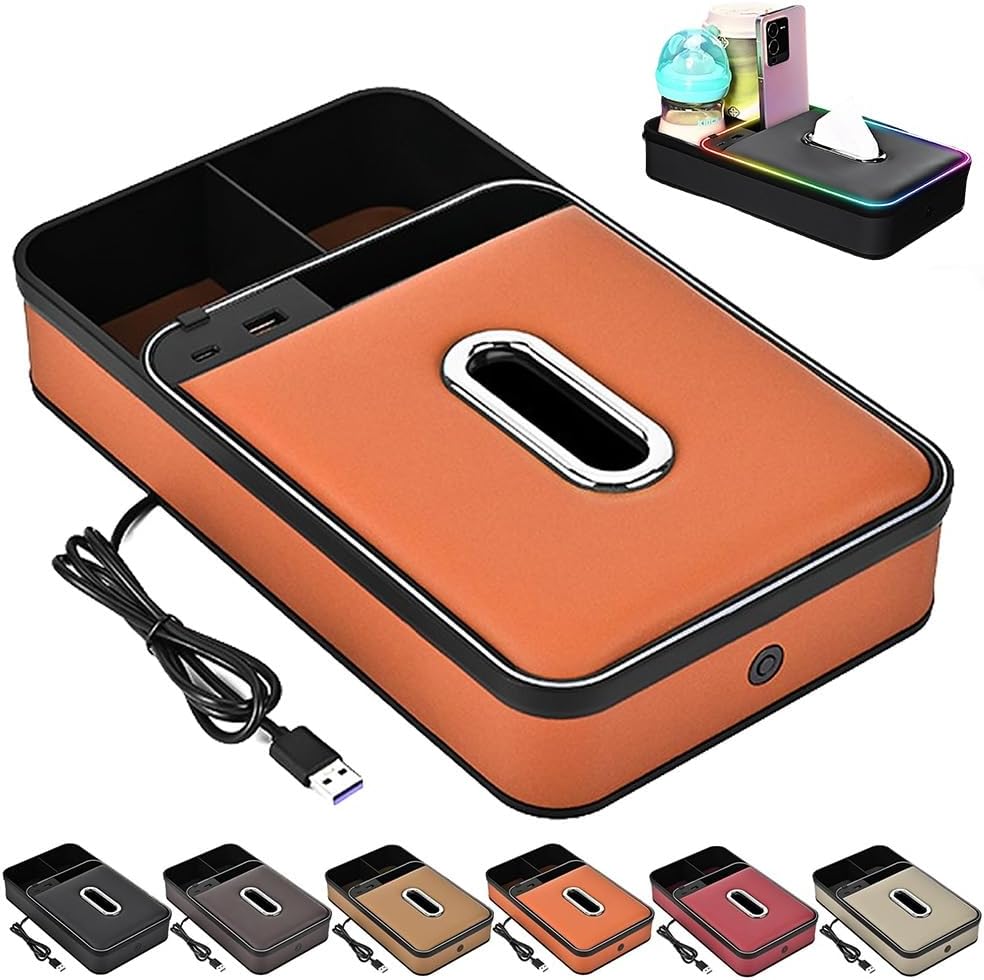 Armrest Storage Box with LED Ambient Lighting, Car Leather Tissue ...
