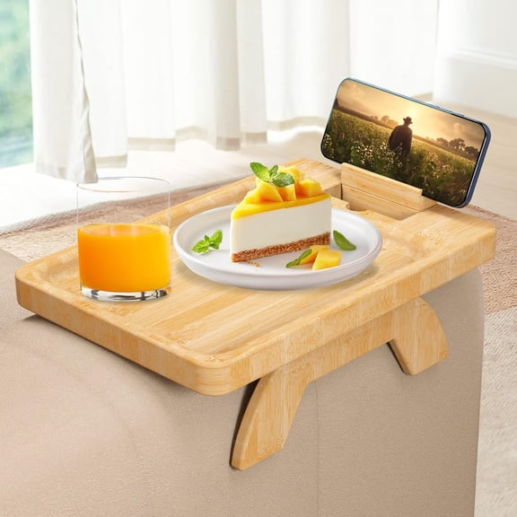 Armrest Tray Table for Couch Arm Tray, Bamboo Clip On Couch Armrest Table with 360 Phone Holder and Sofa Armrests Organizer, Sofa Arm Trays Tables Couchs Caddy for Home Drinks/Snacks/Device