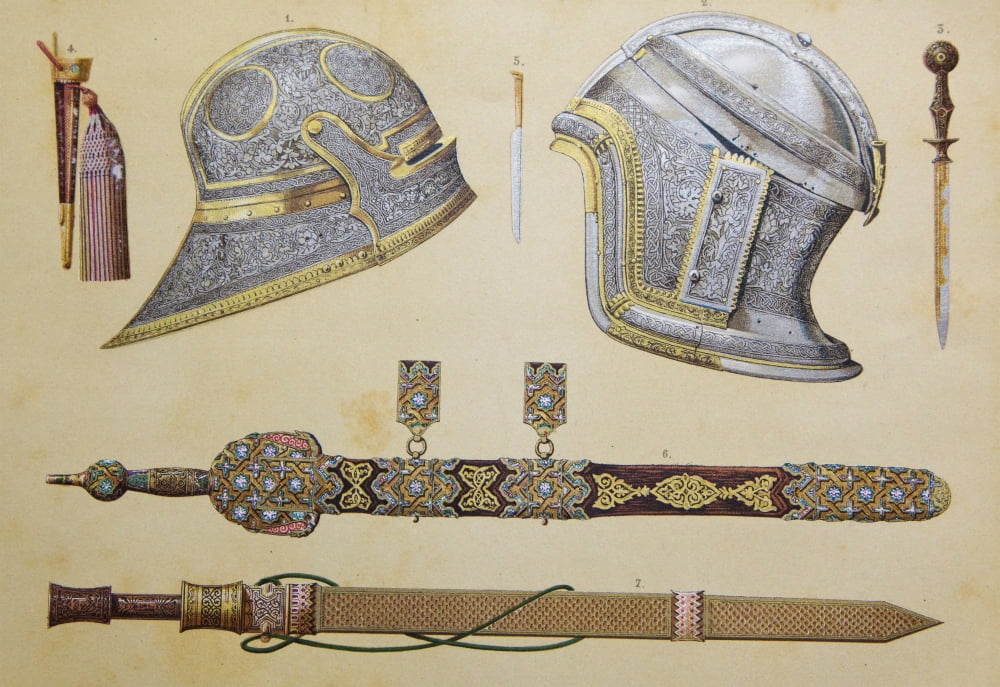 Arms Which Belonged To Boabdil Born Circa 1460 Died 1533 The Last Moorish King Of Granada Spain Helmets Swords Scabbards Sheaths Daggers Canvas Art - Ken Welsh  Design Pics (34 x 24)