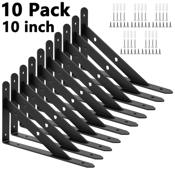 Armscye 10-Pack Heavy Duty Shelf Brackets, 10 inch Wall Mount L-Shaped Shelf Bracket for Floating with Cross Bar, 3.5mm Thick Max Load Capacity for DIY Open Shelving, Metal