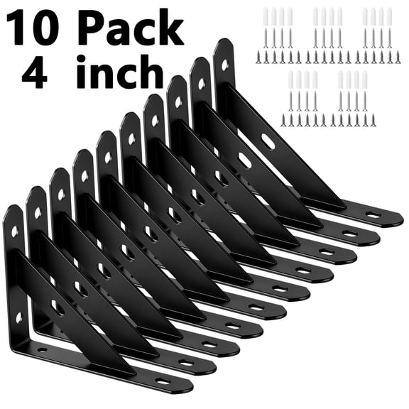 Armscye 10 Pack Heavy Duty Shelf Brackets, 4 inch Wall Mount L-Shaped Shelf Bracket for Floating, Black Metal Shelf Brackets with Screws, 90 Degree Triangle Corner Brace Joint Angle Bracket