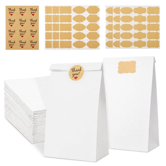 Armscye 100 Pack White Kraft Paper Lunch Bags, 9.45×5.12×3.15 Inches Disposable Paper Bags with 102 Sealing Stickers, Food Safe White Paper Bags for Sandwich, Snack, Food and Gift Packaging