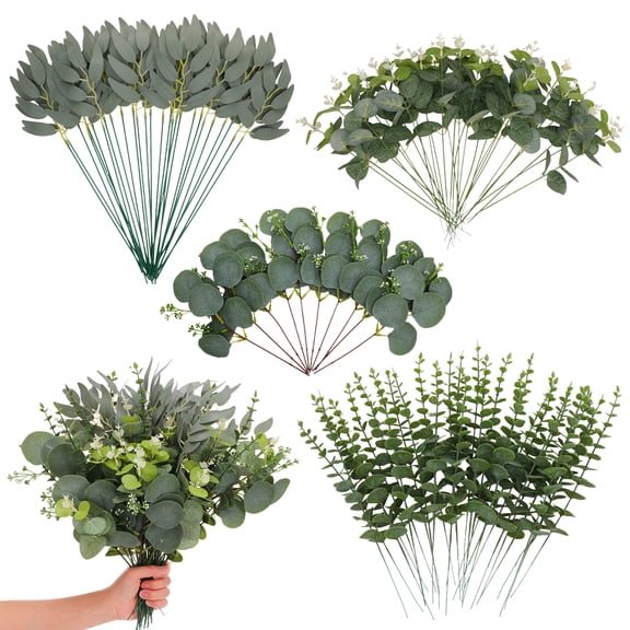 Armscye 100 Pcs 4 Kinds Artificial Eucalyptus Stems Bulk, Fake Plants Leaves Bundle, Faux Mixed Greenery Stems for Wedding Party Decor Vase Floral Arrangement