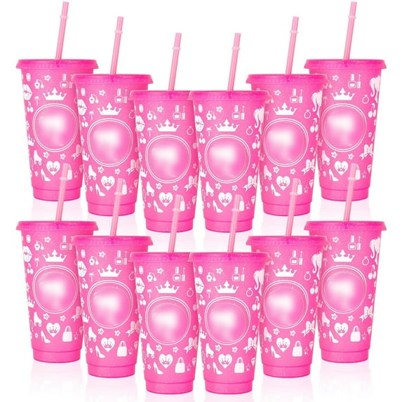 Armscye 12 Pcs Hot Pink Tumblers with Lids and Straws, 24 oz Reusable Tumbler Plastic Cups Party Favor, Glitter Drinking Travel Mug Cups for Adult Kid Women Iced Coffee Party Supplies