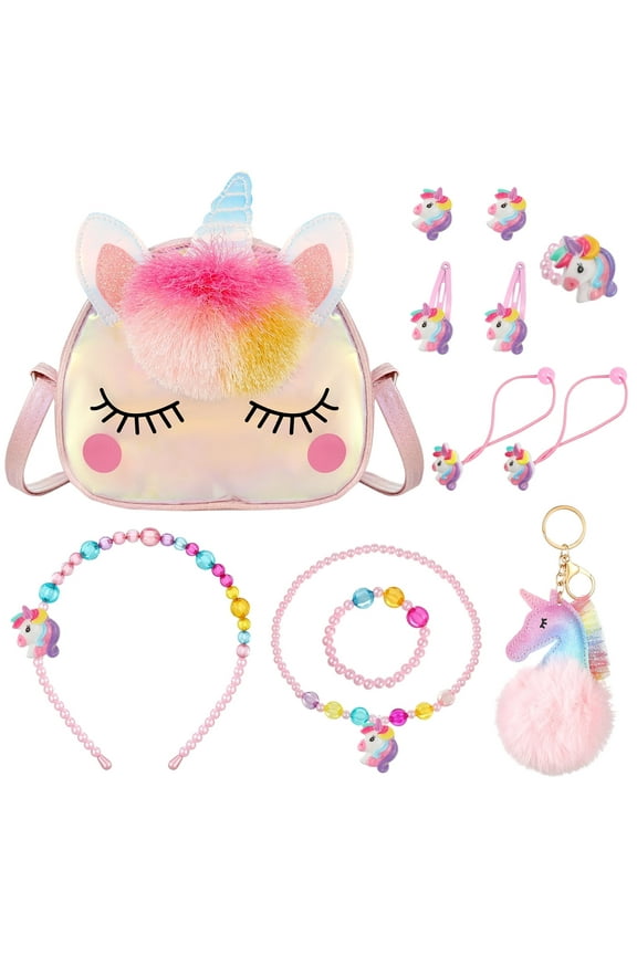 12 Pcs Little Girl Unicorn Purse Set, Cute Unicorn Gifts for Girl, with Kawaii Unicorn Dress Up Jewelry, Adjustable Crossbody Bag with Unicorn Gift Box for Girl, Kid, Teenager