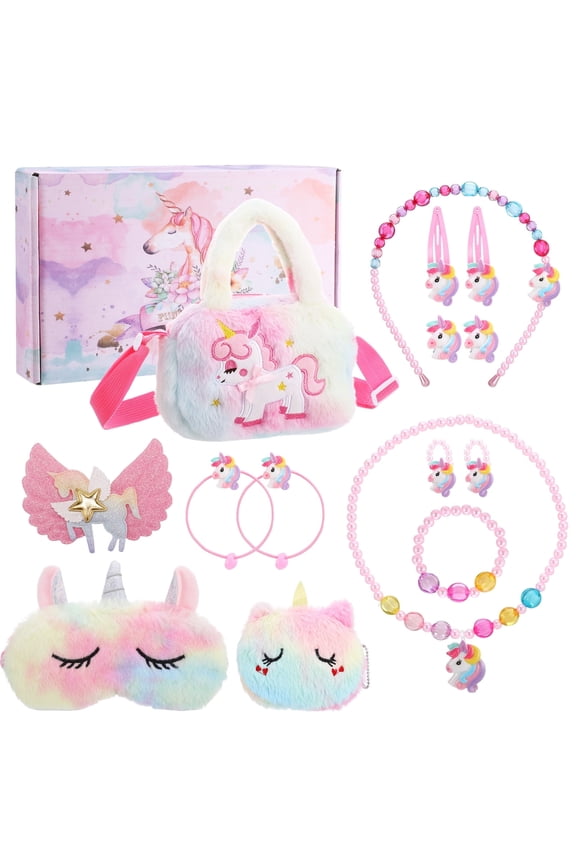 14 Pcs Little Girl Unicorn Purse Set, Cute Unicorn Gifts for Girl, With Kawaii Unicorn Dress Up Jewelry, Purse and Eye Mask, Adjustable Crossbody Bag with Gift Box for Girl, Kid, Teenager
