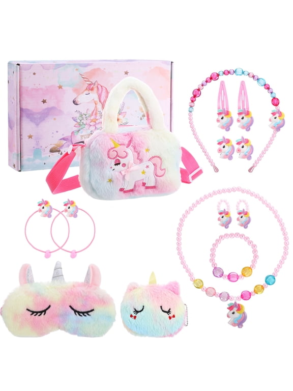 13 Pcs Little Girl Unicorn Purse Set, Cute Unicorn Gifts for Girl, With Kawaii Unicorn Dress Up Jewelry, Purse and Eye Mask, Adjustable Crossbody Bag with Gift Box for Girl, Kid, Teenager