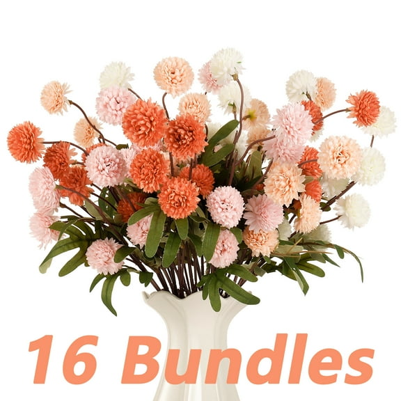 Armscye 16 Pcs Fake Flowers, Silk Pompon Mum Artificial Flowers with Long Stems, Decor for DIY Bouquet Centerpieces, Wedding Arrangements, Table Decor - No Vase Included