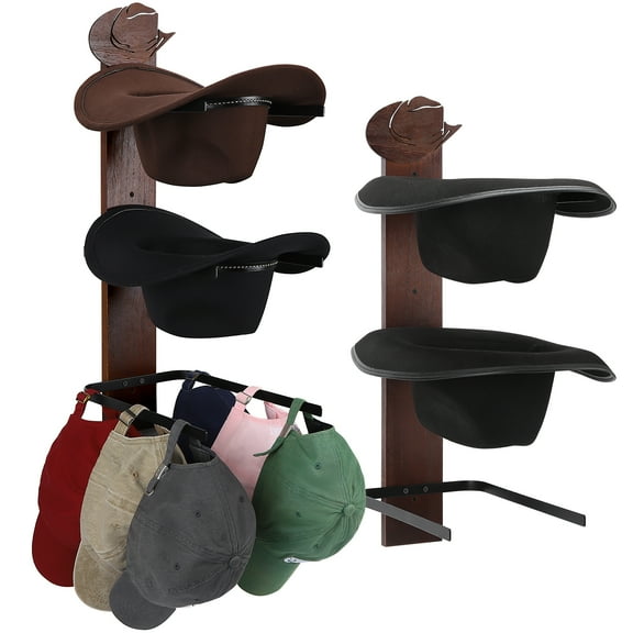 Armscye 2 Pack Cowboy Hat Rack for Wall, Hat Organizer Holds Up to 3 Hats, Western Style Wooden Metal Hat Hanger for Cowboy Hat, Fedora, Sun Hat Storage