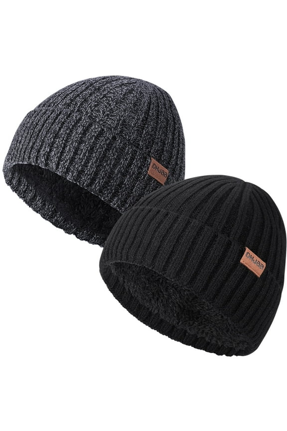 2 Pack Warm Beanie Hats for Men Women, Fleece Lined Beanie Warm Winter Caps, Unisex Fashion Knit Cuffed Cap