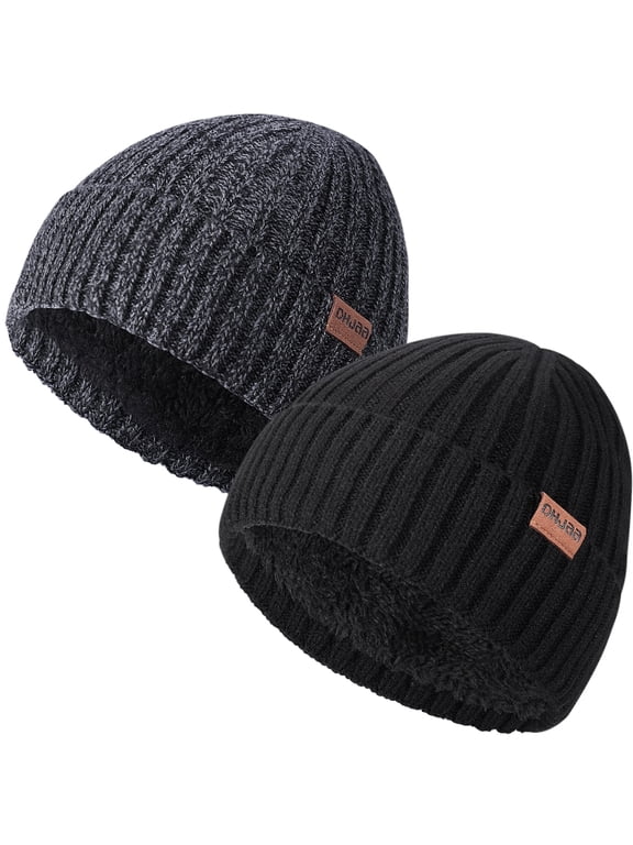 2 Pack Warm Beanie Hats for Men Women, Fleece Lined Beanie Warm Winter Caps, Unisex Fashion Knit Cuffed Cap