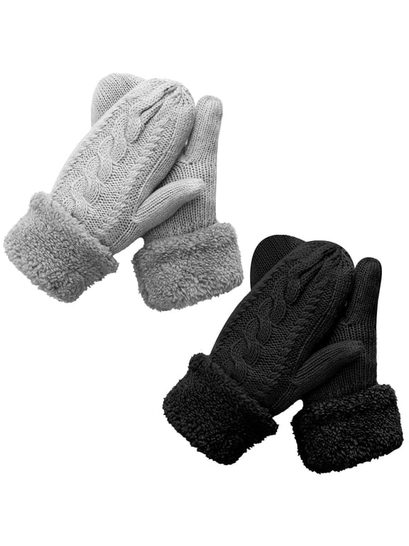 2 Pairs Winter Warm Mittens for Women, Cozy Thick Knitted Gloves & Mittens, Warm Soft Lining Jacquard Fleece-lined Thickened Warm Gloves, Cold Weather Accessories Gifts, Black/Grey, One Size