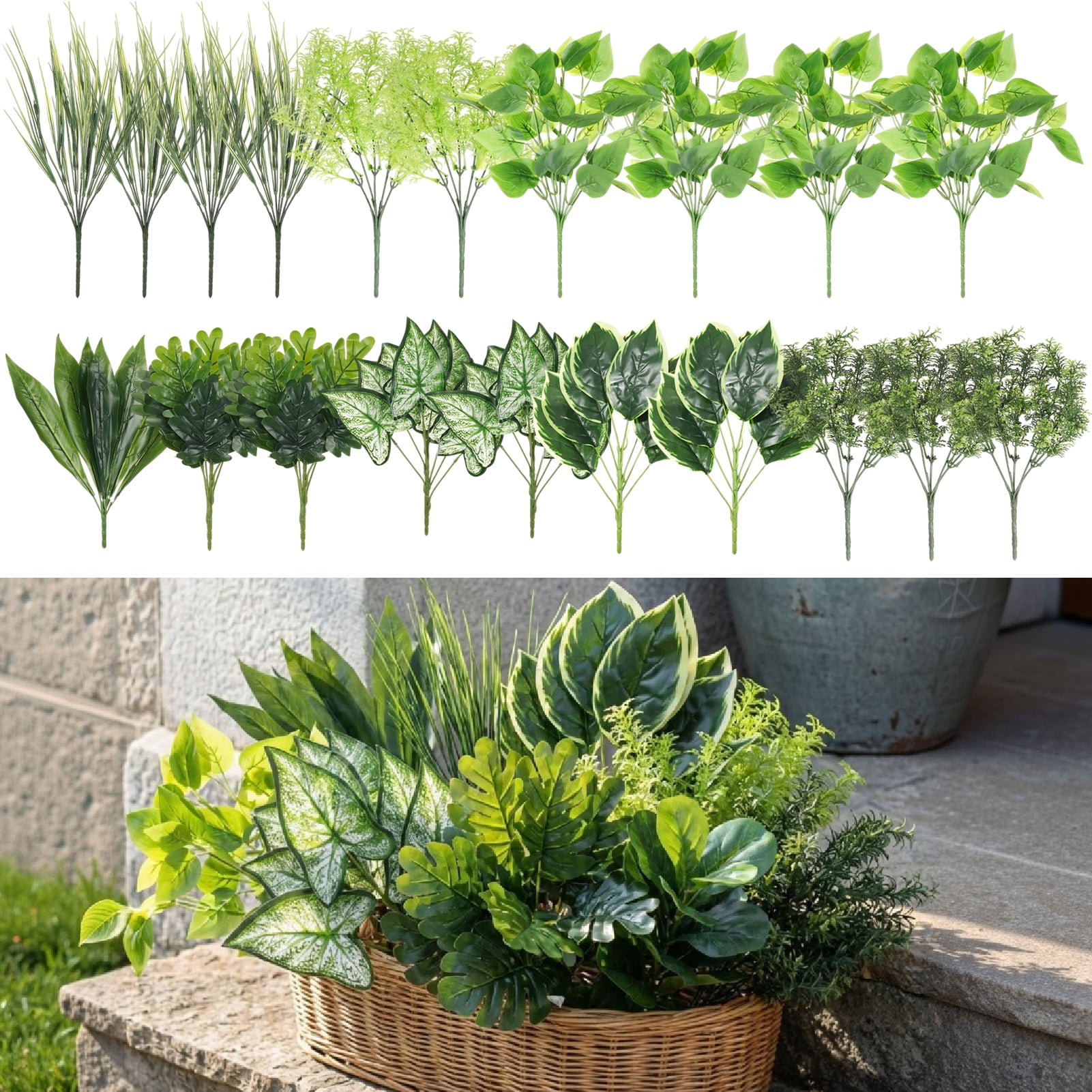 Armscye 20 Bundles Artificial Greenery Plants, Fake Plastic Leaves with Stems UV Resistant, Faux Plants Bushes for Outdoor Patio Garden Front Porch Yard Decor