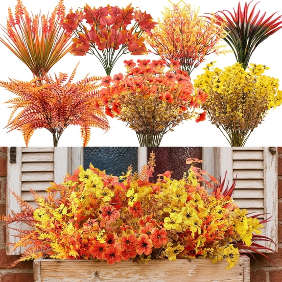 Armscye 24 Bundles Artificial Fall Flowers for Outdoors, Fall Thanksgiving Decorations, UV Resistant Fake Faux Fall Plants Plastic Flowers for Gardens Front Door Porch Planter Patio Home Decor