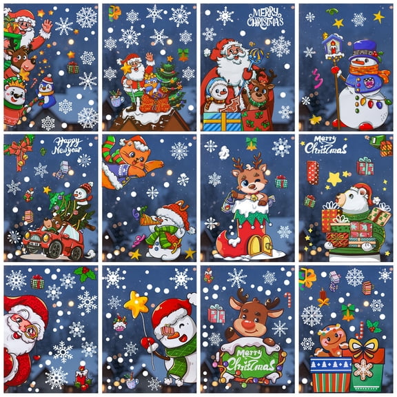 Armscye 297PCS Christmas Window Clings, 12 Sheets Snowflake Window Stickers Decals, Christmas Decor with Santa Claus Snowman Reindeer for Holiday Party Decorations Accessories