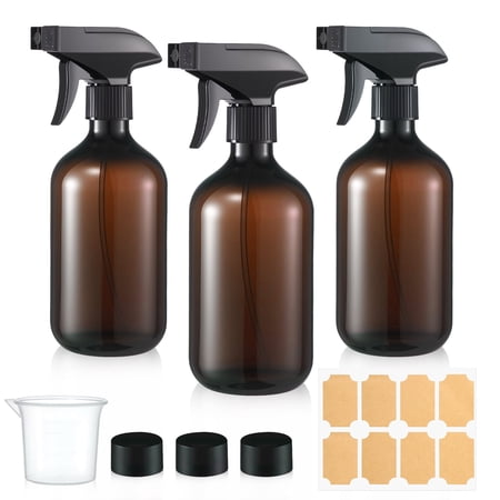 Armscye 3 Pack Amber Spray Bottles Empty, 16.9 Oz Plastic Spray Bottle for Cleaning, Adjustable Nozzle Squirt Bottle for Plants Hair, Refillable Spray Container with Free Measuring Cup and Stickers