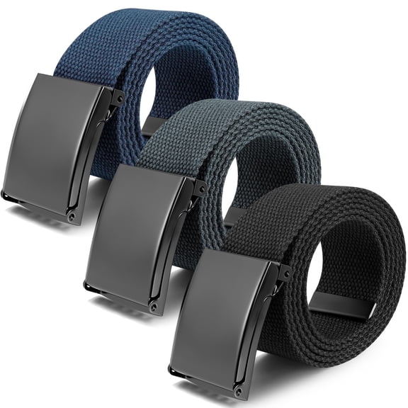 Armscye 3 Pack Mens Canvas Web Belts, 50'' Belts for Men, Nylon Cut To Fit Rugged Style Fabric Belts, No Hole Daily Wear Belt for Men (Black, Dark Grey, Dark Blue, Suit for 36'' - 44'')