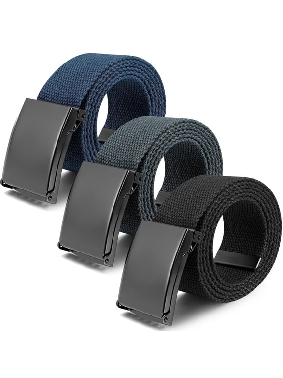 3 Pack Mens Canvas Web Belts, 50'' Belts for Men, Nylon Cut To Fit Rugged Style Fabric Belts, No Hole Daily Wear Belt for Men (Black, Dark Grey, Dark Blue, Suit for 36'' - 44'')
