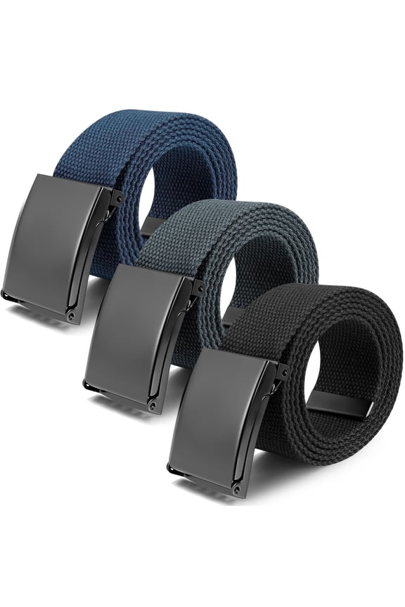 3 Pack Mens Canvas Web Belts, 50'' Belts for Men, Nylon Cut To Fit Rugged Style Fabric Belts, No Hole Daily Wear Belt for Men (Black, Dark Grey, Dark Blue, Suit for 36'' - 44'')